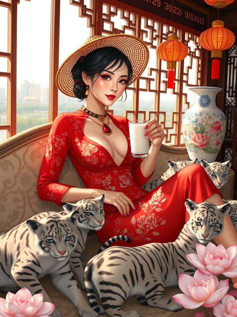 Asian Woman with Cat Ears in Hanoi, Pinup Style