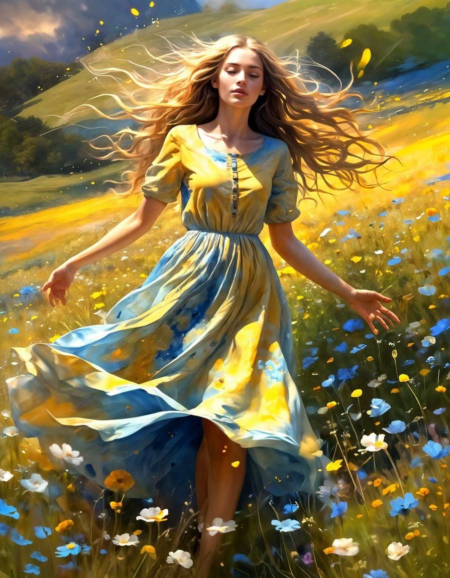Girl with Swirling Hair in Impressionist Meadow