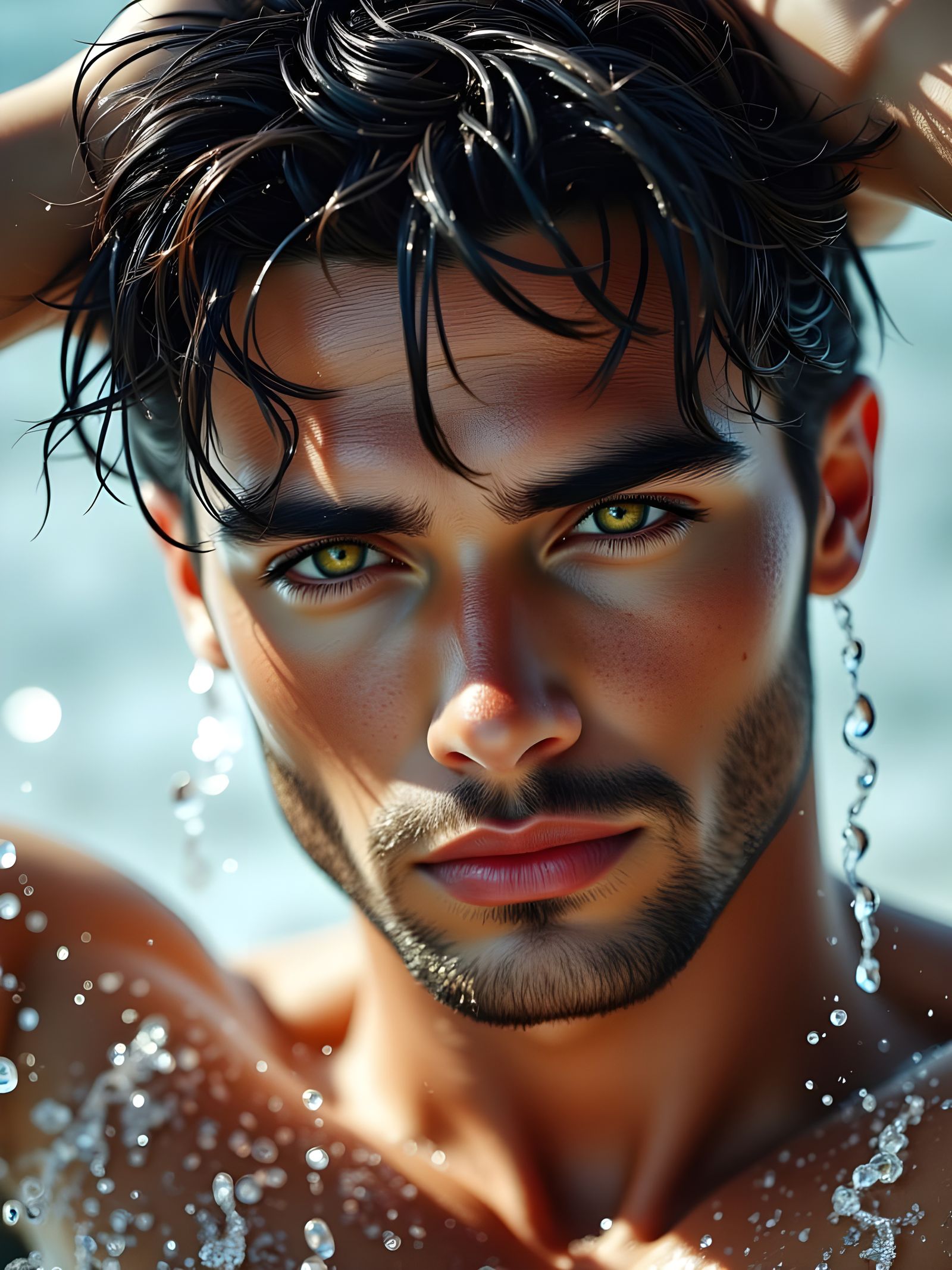 Strikingly Handsome Man Glistening with Water