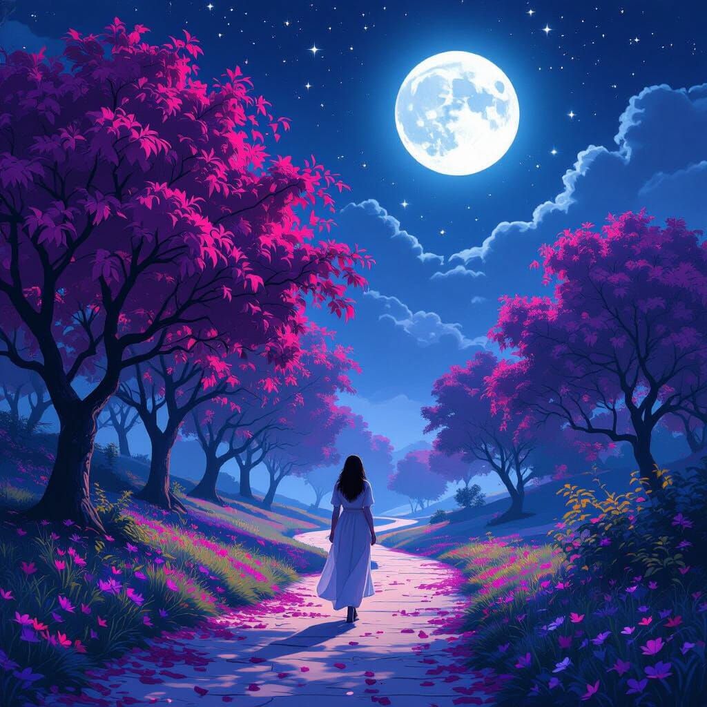 Dreamlike Path: Woman Under Magenta Moon
