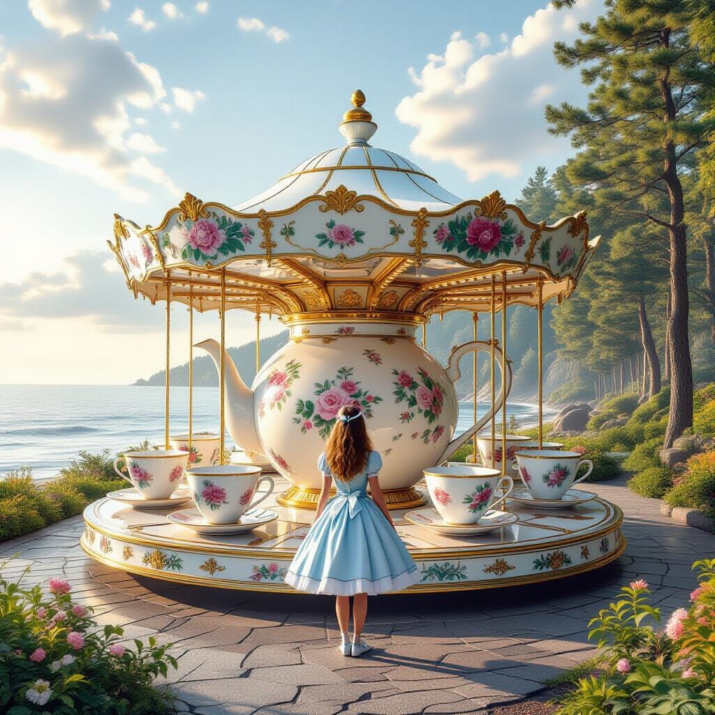 Fairytale Teapot Carousel in Dreamy Park Sunrise
