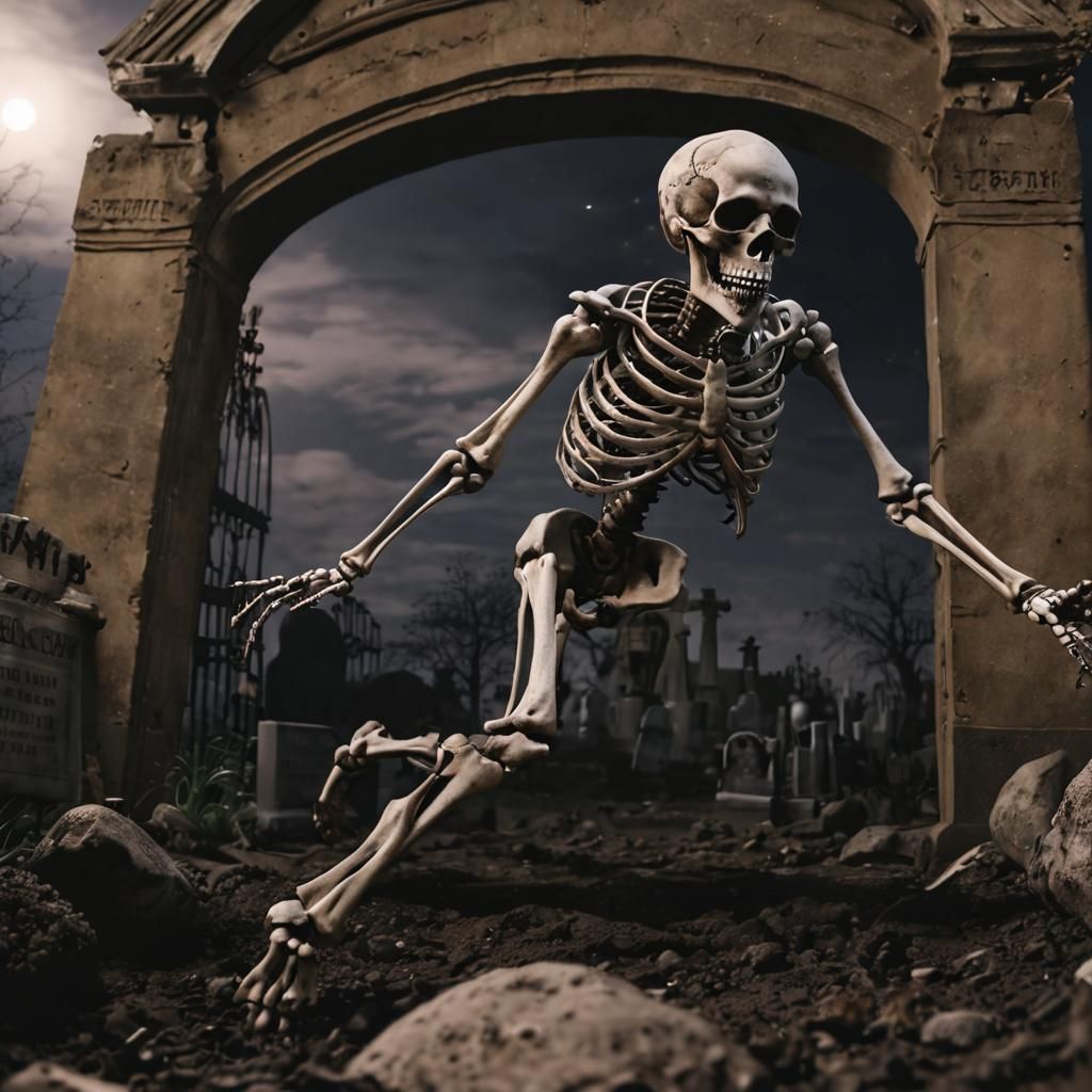 Skeleton Emerges from Dark Cemetery Under Starry Night Sky
