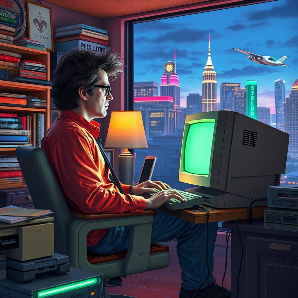 Mysterious 80s Executive in a Futuristic Los Angeles Citysca...