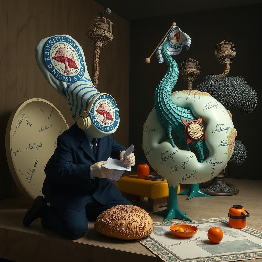 Linocut Mushroom Flags in Surreal Bureaucratic Landscape