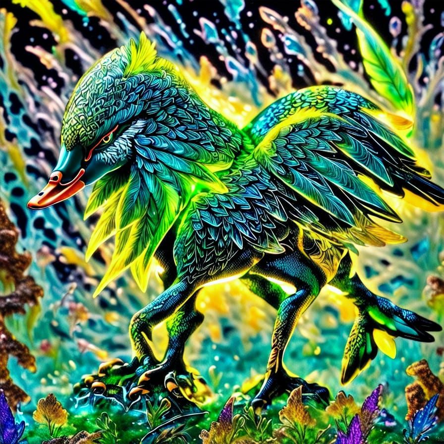 Emerald Duck with Bioluminescent Feathers in Graffiti Style
