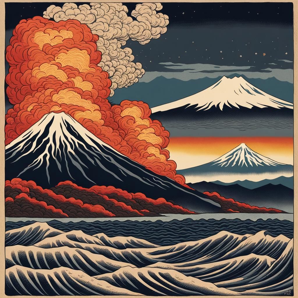 Volcanic Eruption in Ukiyo-e Style