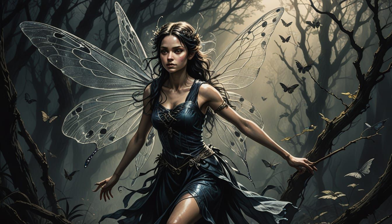 Confident Fairy Portrait in Bold Etching Style