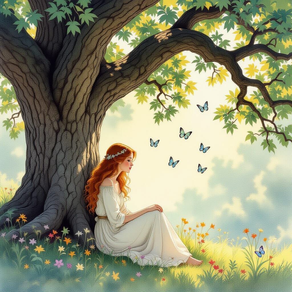 Woman Under Ancient Oak Tree in Art Nouveau Watercolor Style