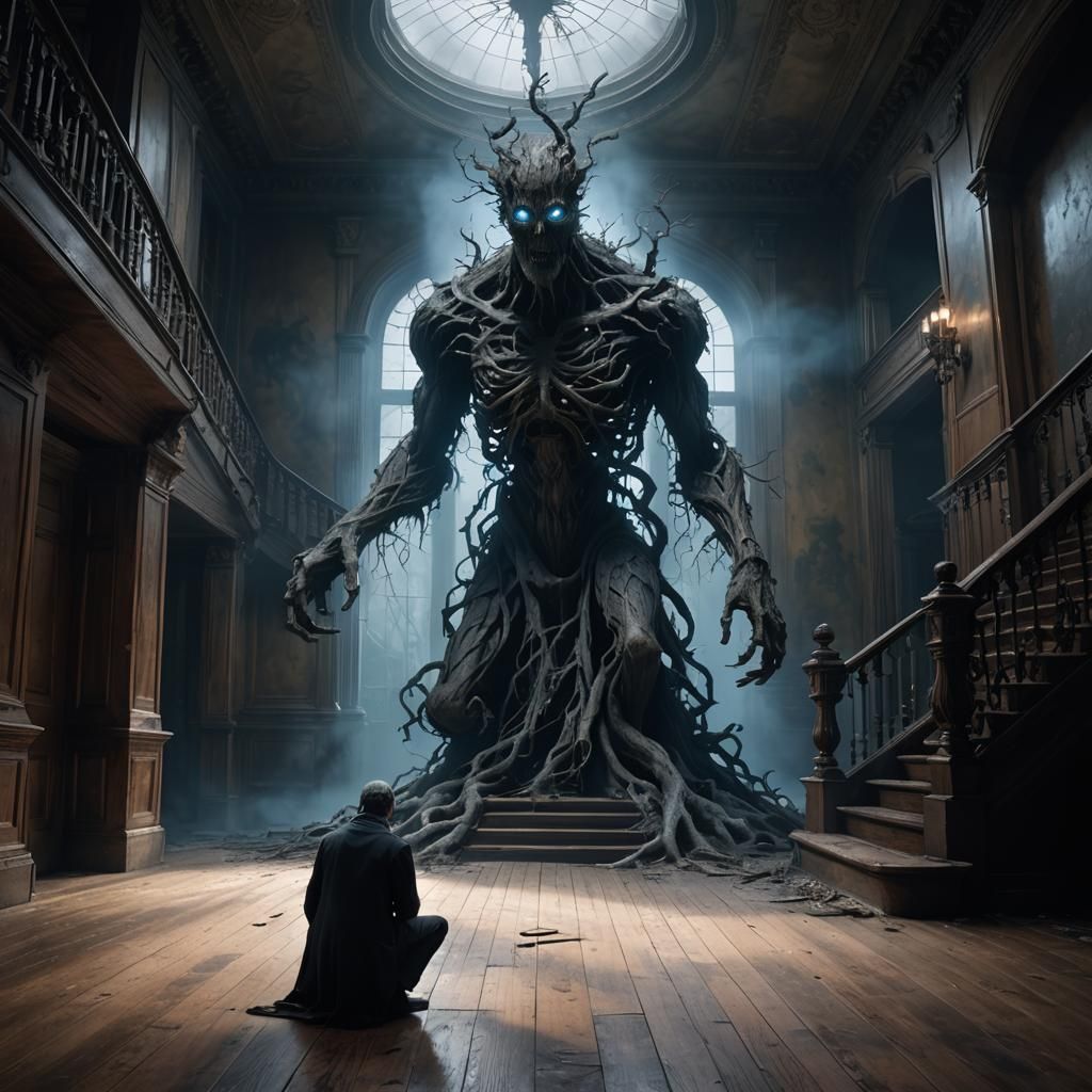 Eerie Mansion: Spectral Guardian in Gothic Horror Style