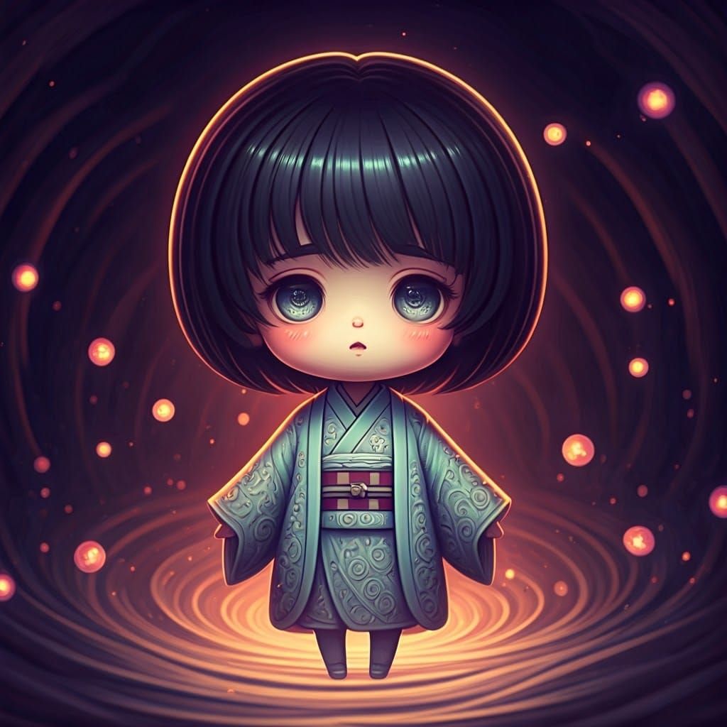 Whimsical Chibi Shrine Maiden in Dreamlike Landscape