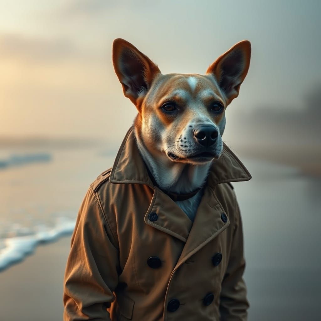 Human-Dog Hybrid Embracing Golden-Hour Beach Landscape