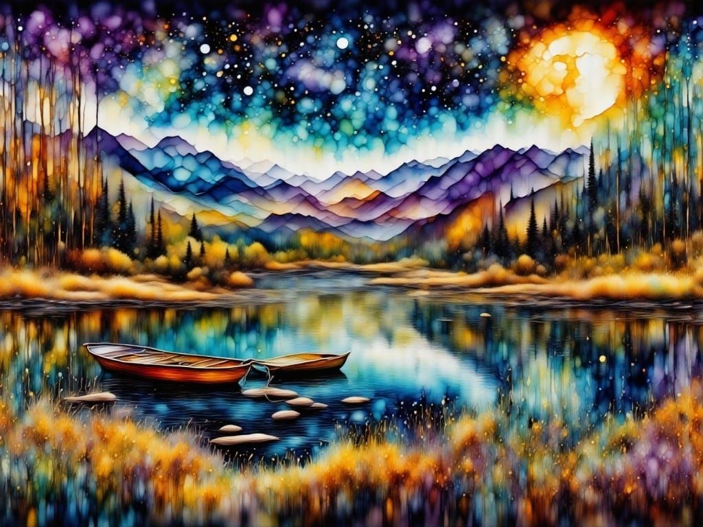 Serene Mountain Lake at Night, Watercolor Painting