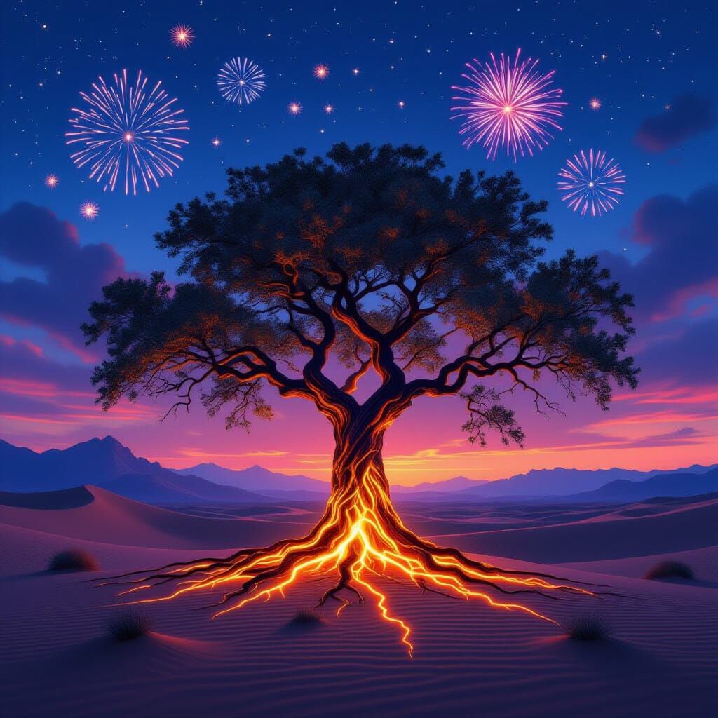 Majestic Ancient Tree With Glowing Roots in Misty Desert