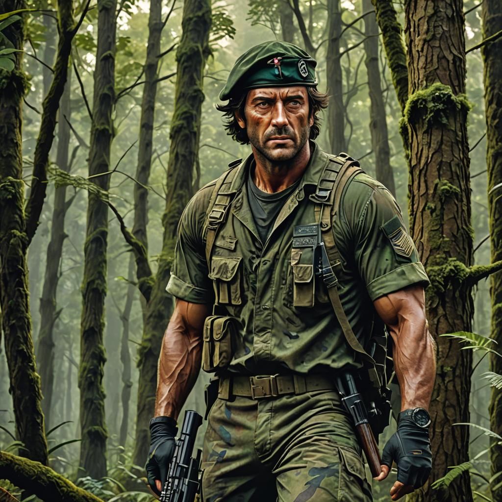 Young Sylvester Stallone as Rambo in Camouflage Art