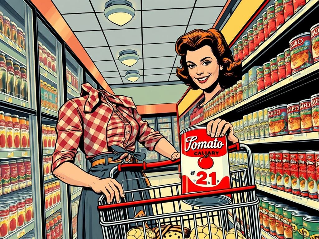 Woman in 1950s Grocery Store in Dynamic Comic Book Style