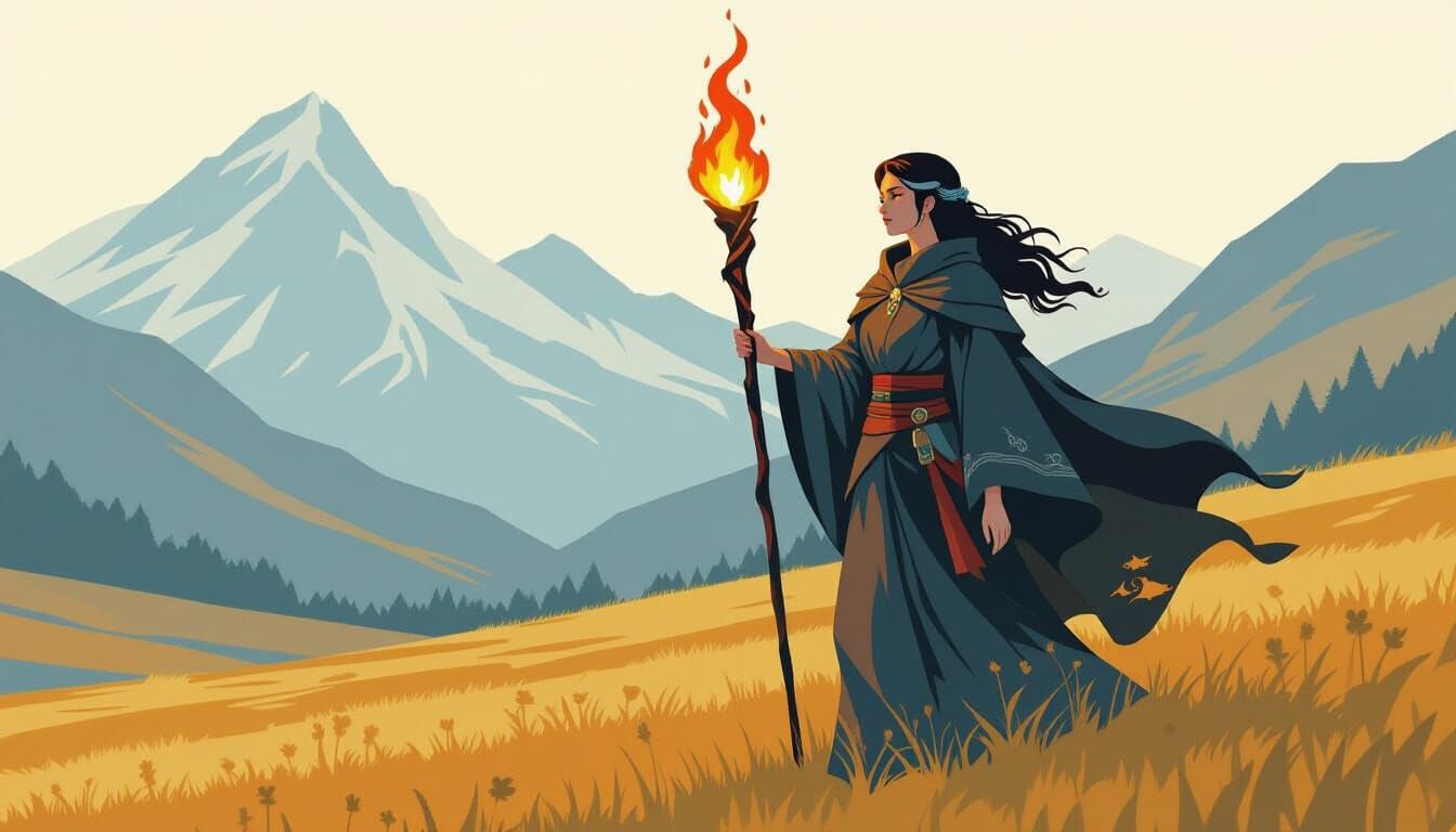 Flame Shepherdess Guiding Fire Spirits in Papercraft Style