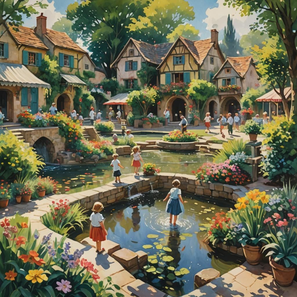 Vibrant Village Scene in Impressionist Style