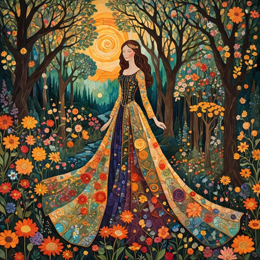 Quilted Woman in Enchanted Forest: A Surreal Journey