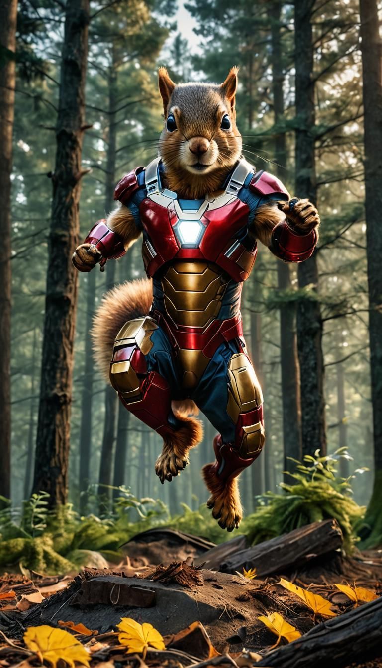 Iron Squirrel Superhero Landing in Futuristic Forest
