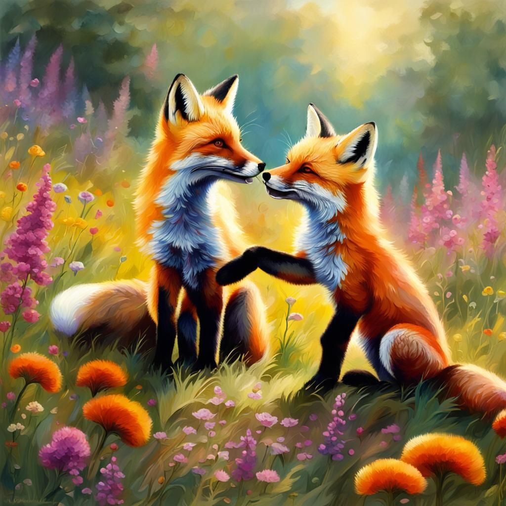 Fox Cubs Play in Colorful Meadow: Oil Painting
