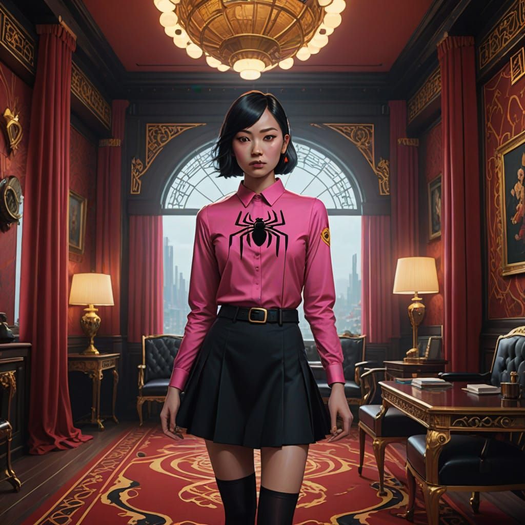 Elegant Spiderwoman Cosplay in Luxurious Dining Room