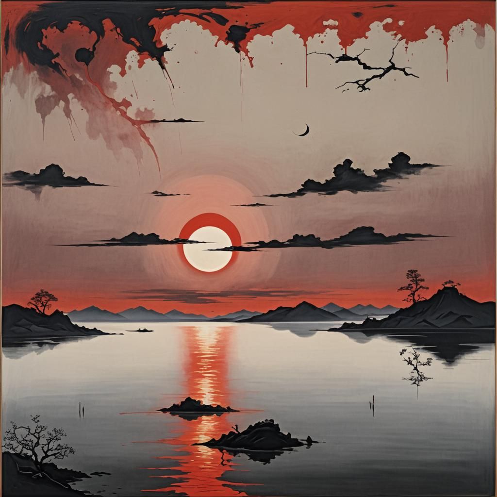 Minimalist Japanese Woodblock Print of Red Sunset