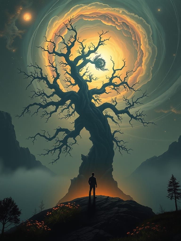 Fractal Tree Silhouette Against Nebula Sky