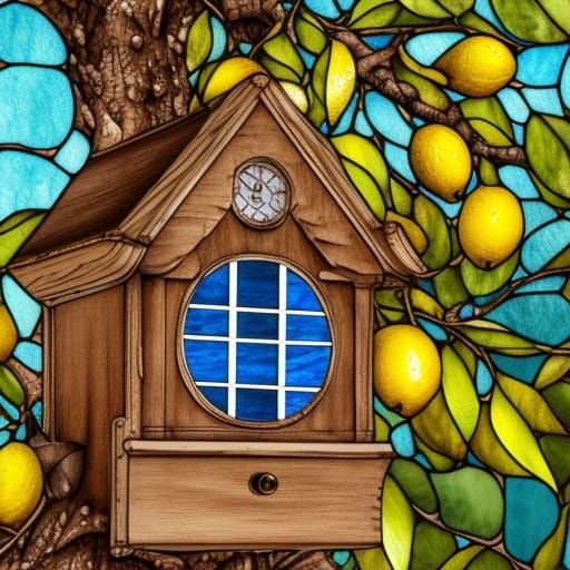 Stained Glass Birdhouse in Lemon Tree