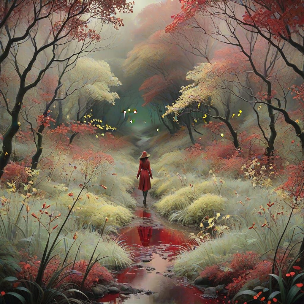 A Red Figure Walks Through a Mysterious, Twinkling Forest