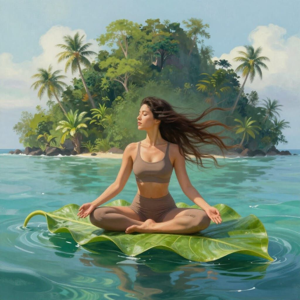 Woman in Yoga Pose on Leaf in Tropical Island Setting