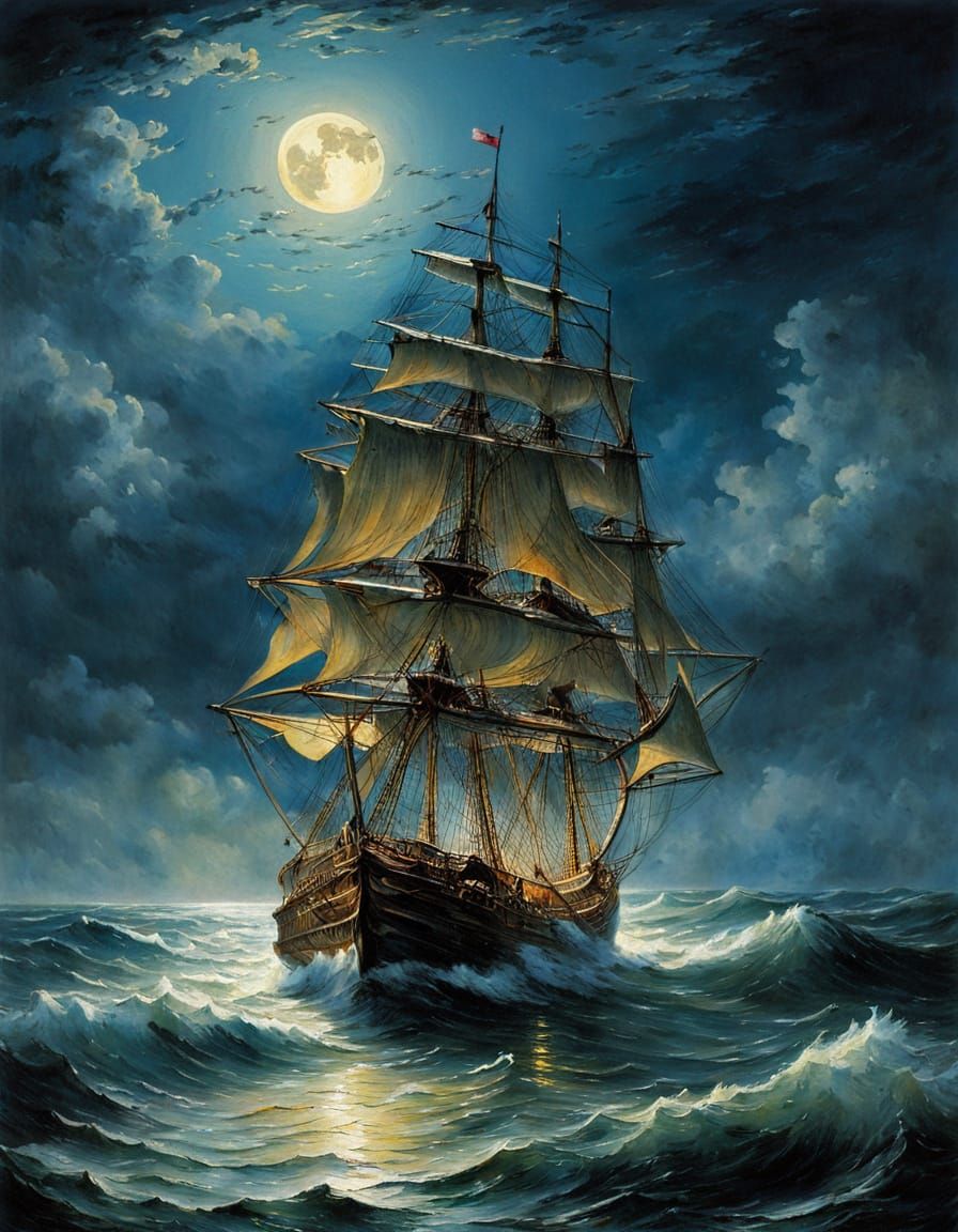 Old Sailing Ship on Moonlit Ocean in Turner Style