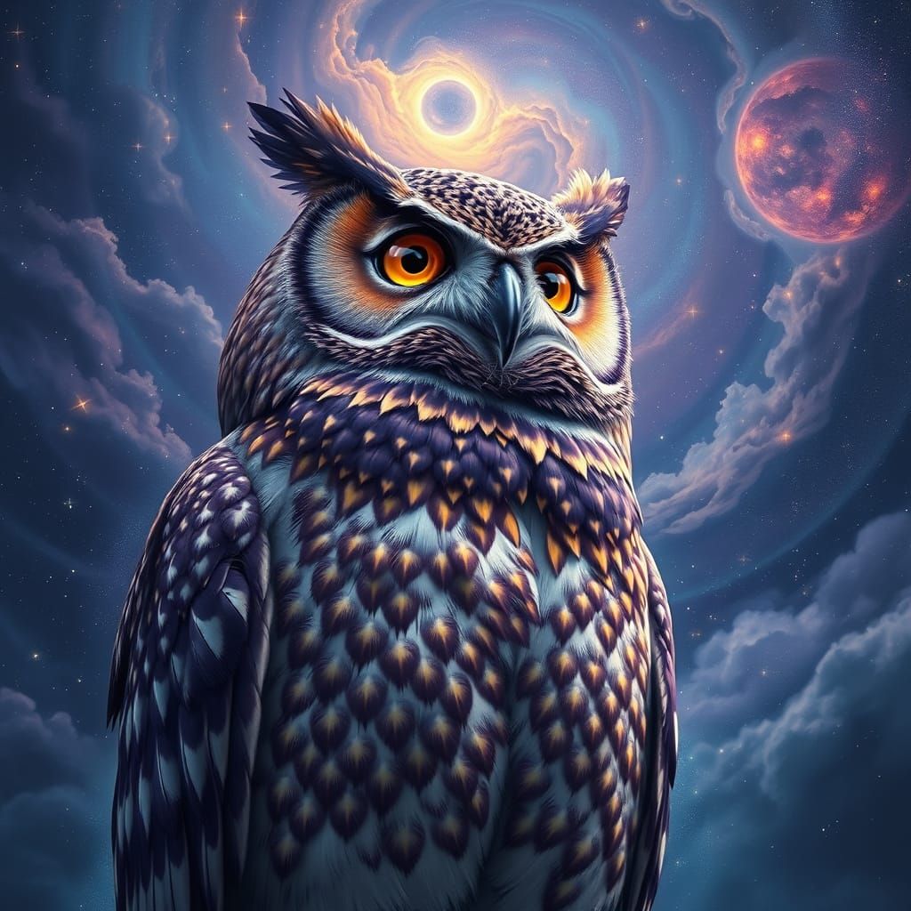 Majestic Iridescent Owl in Starry Night Sky