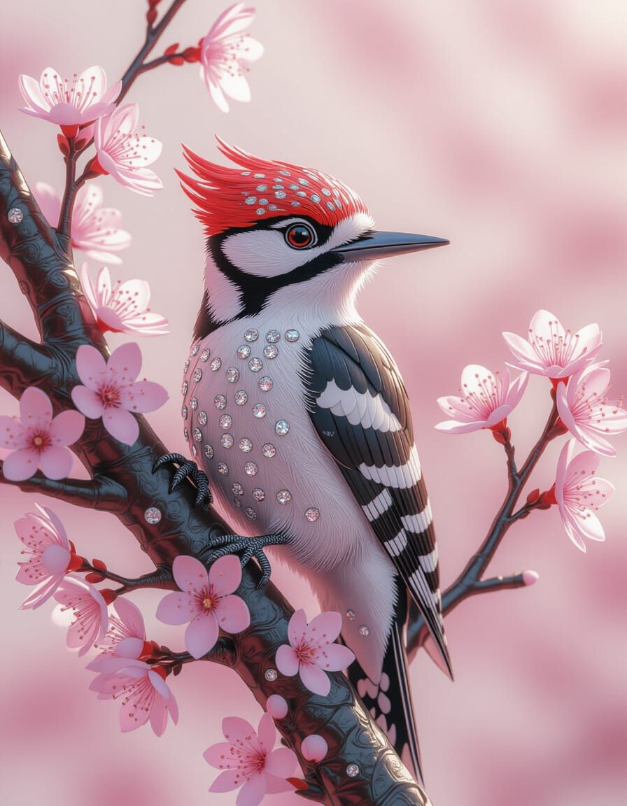 Crystaled Woodpecker in Cherry Blossoms: 3D Anime Art