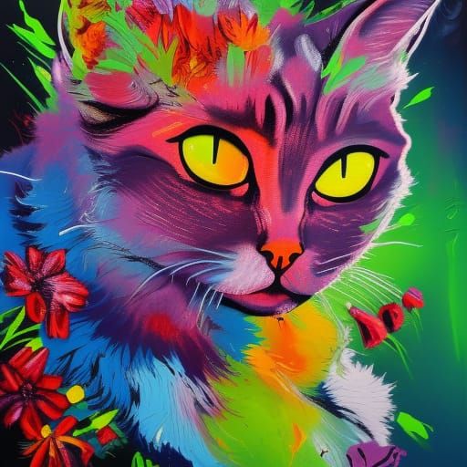 Floral Cat in Graffiti Splash Art Style
