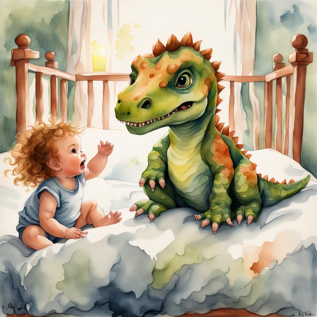 Watercolor Baby Dinosaur and Girl Bouncing