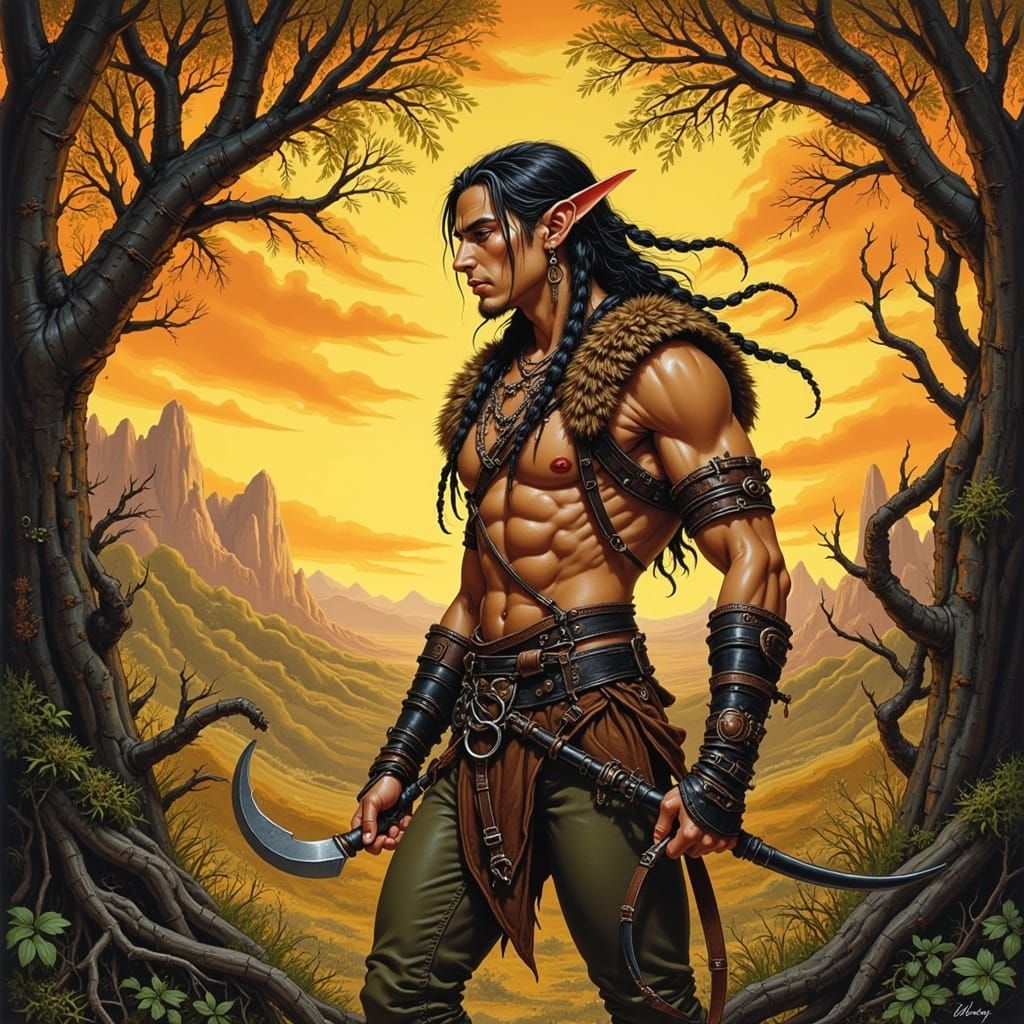 Elf Warrior in Golden Hour Wilderness, Comic Art Style