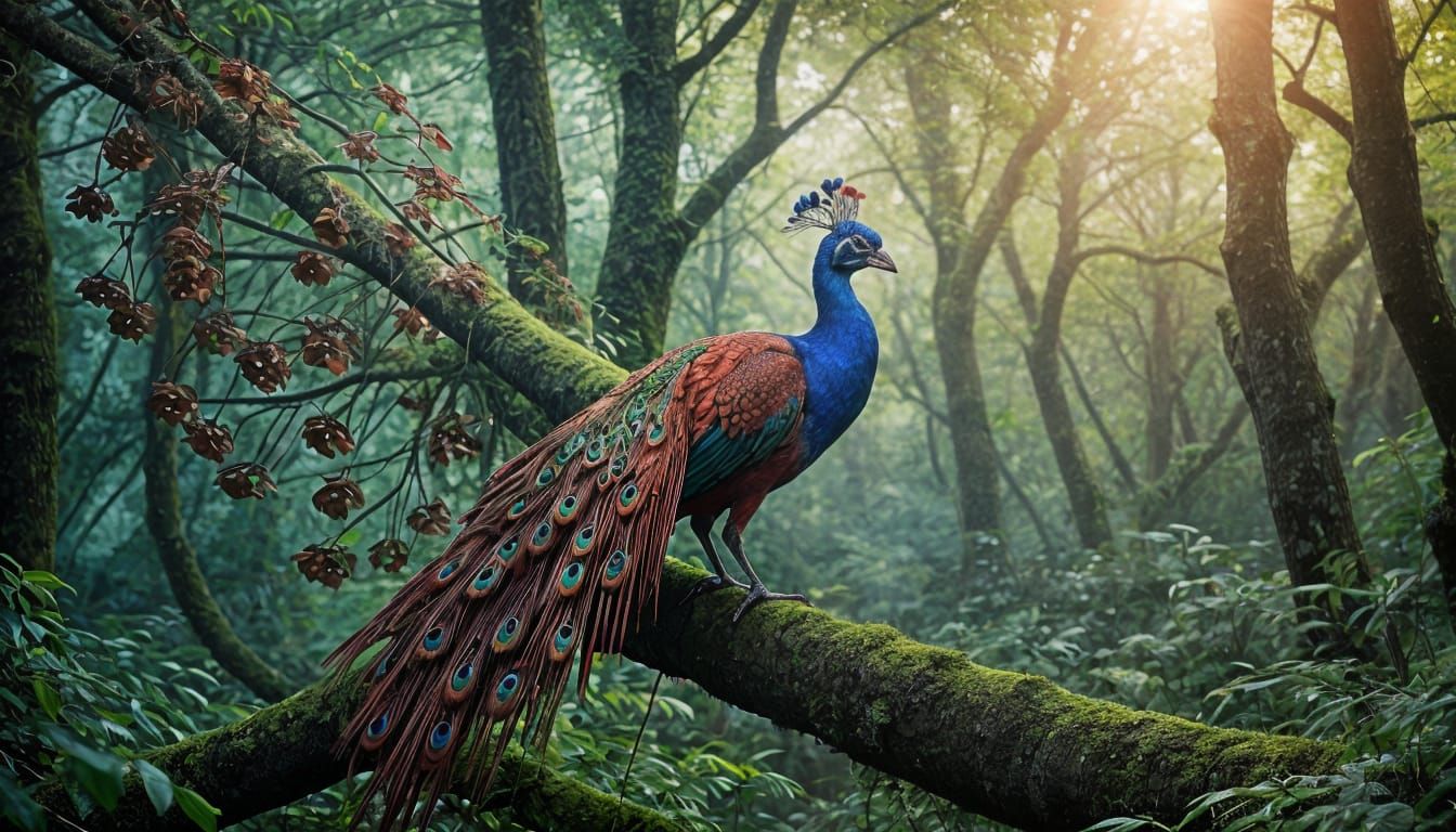 Crimson Peacock in Enchanted Forest, Fantasy Photo