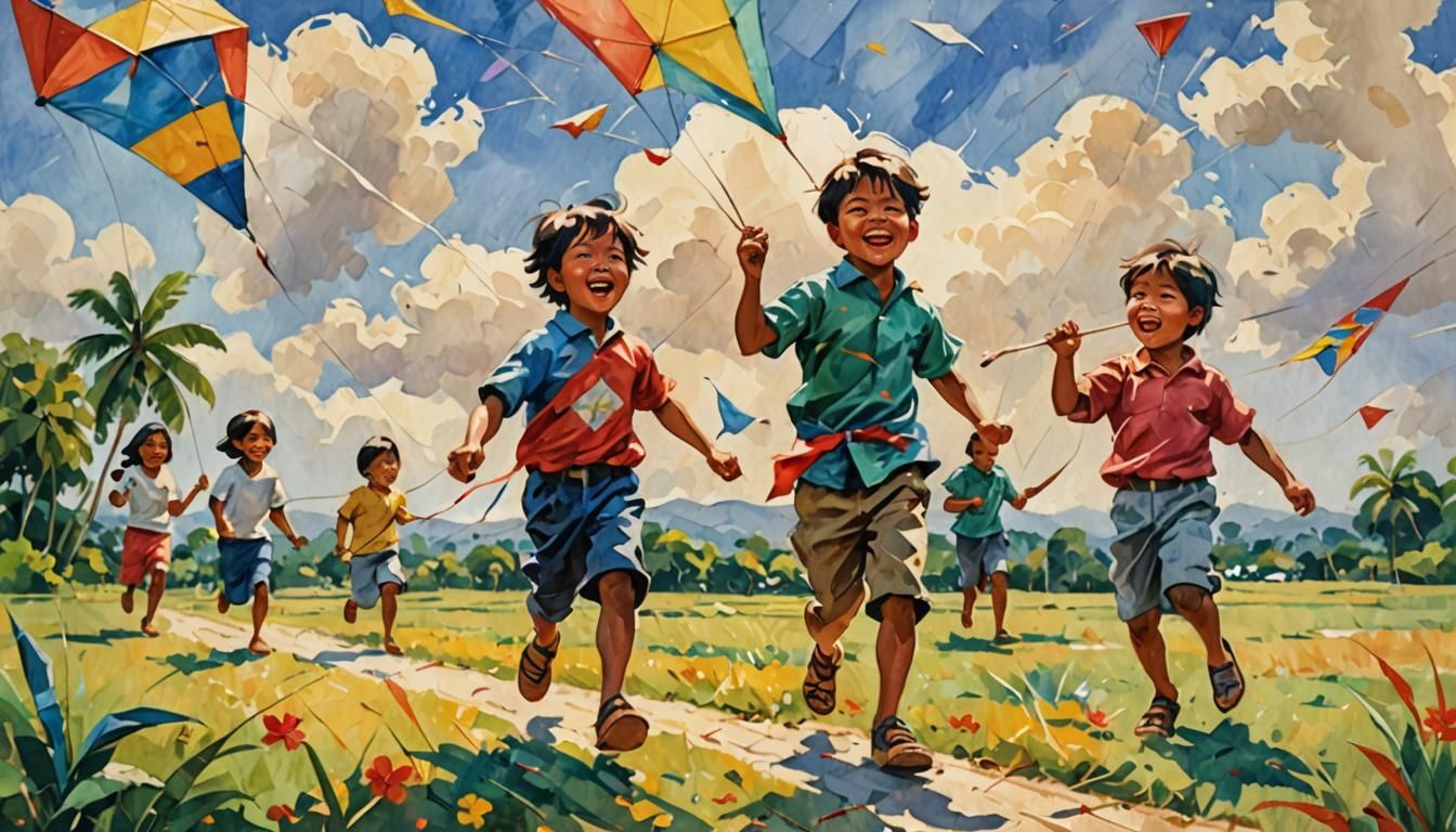 Filipino Children Flying Kite in Gouache Watercolor Style