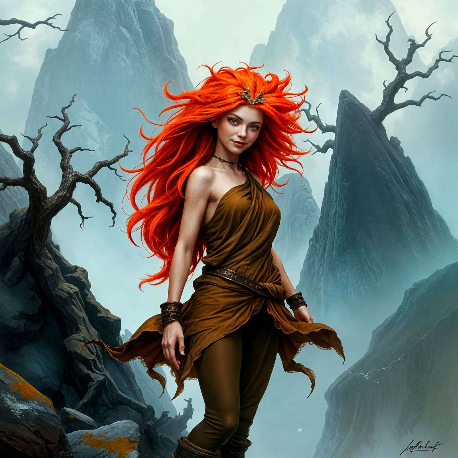 Mysterious Mountain Woman with Red Hair