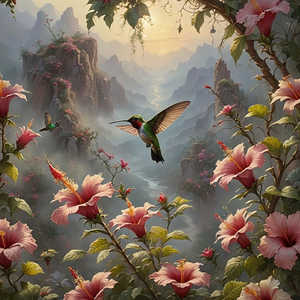 Hummingbird in Desert Oasis: A Lace Fantasy