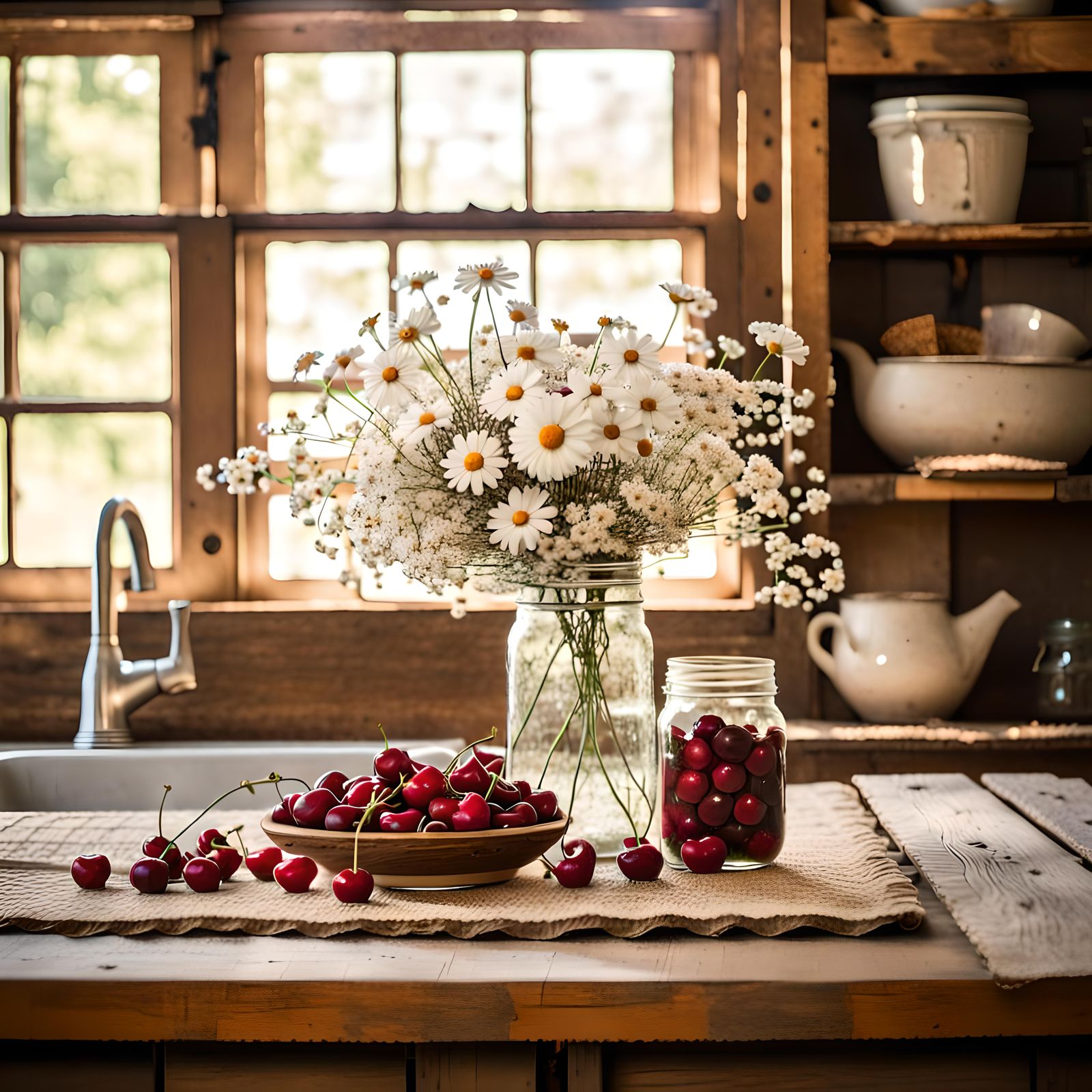 Rustic Cherries and Wildflower Still Life