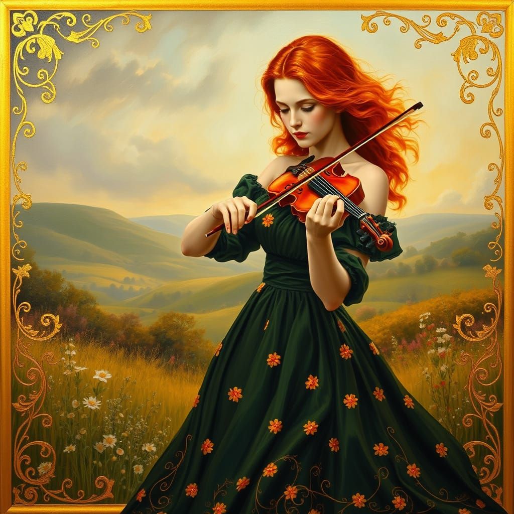 Surreal Irish Goddess Plays Fiddle in Dreamlike Landscape