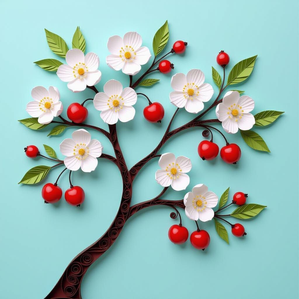 Paper Cherry Tree with Blossoms in Mixed Media Style