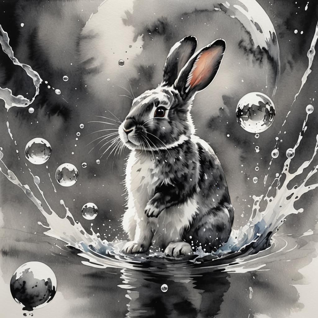 Black and White Bunny in Popping Water Bubble
