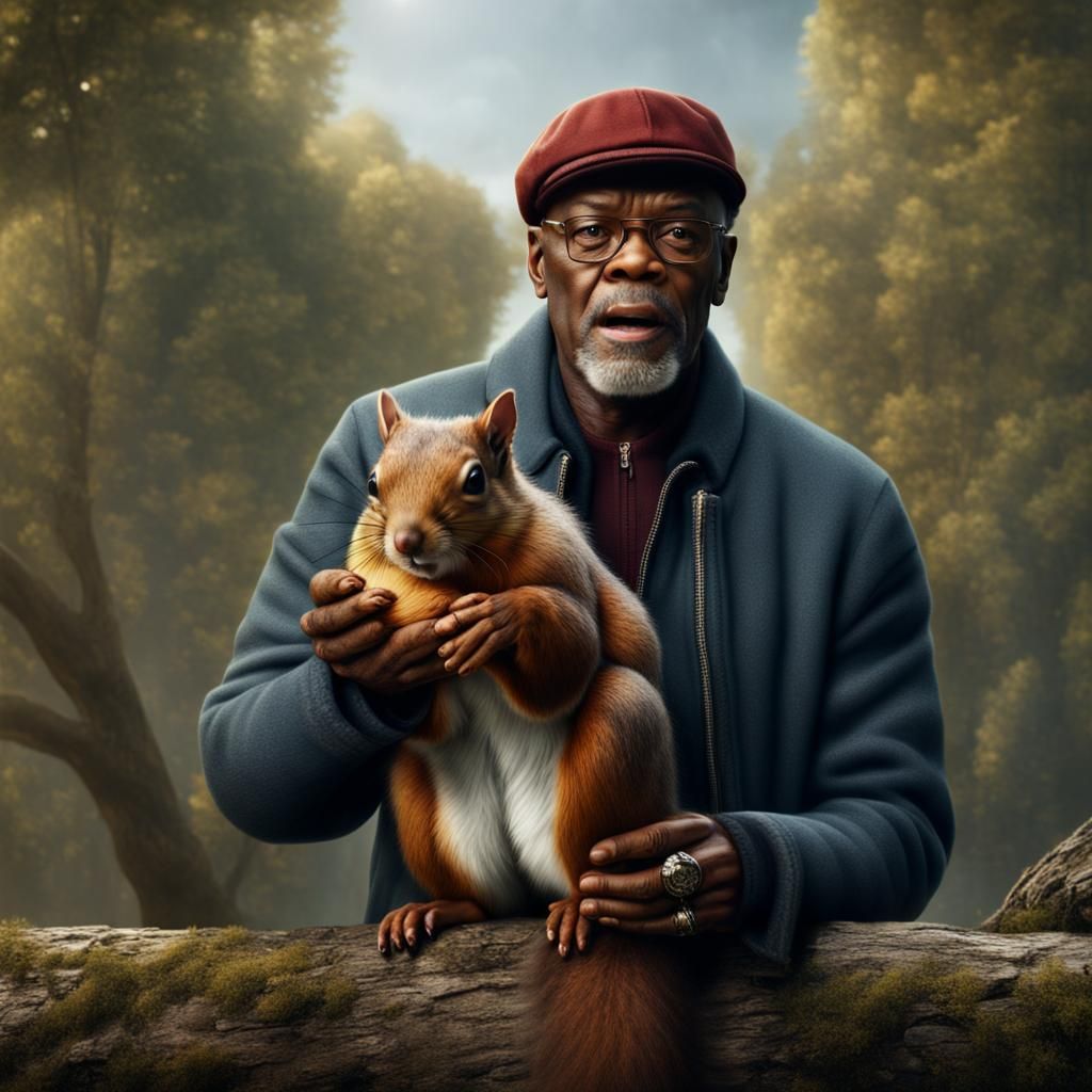 Samuel L. Jackson Holding a Squirrel: Hyperrealistic Art