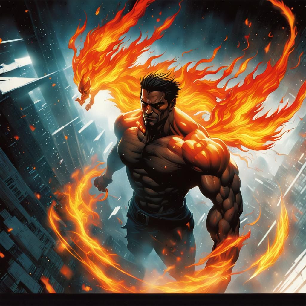 Fiery Man Floating: Cel-Shaded Anime Art