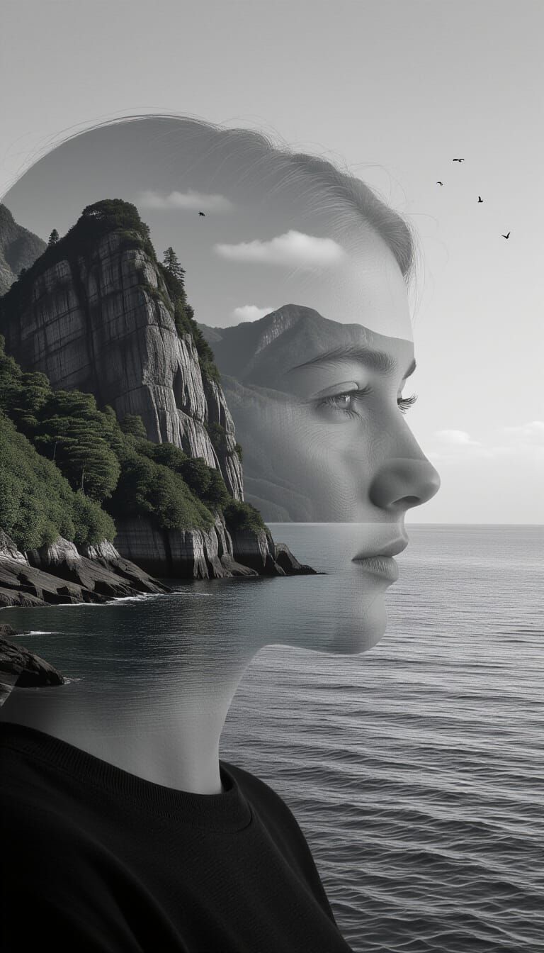 Human Face Merged with Coastal Landscape Double Exposure