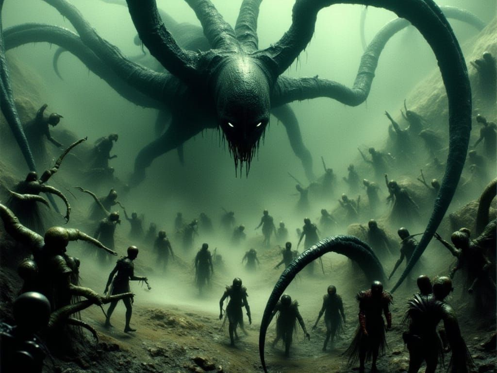 Alien Colony in Chaos: A Dark and Sinister Scene