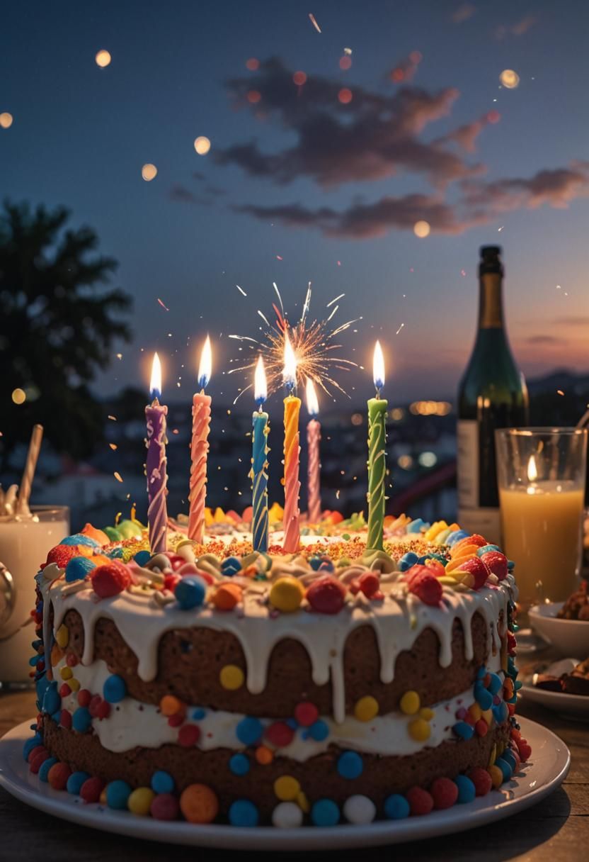 Amazing Birthday Cake with Fireworks at Sunset