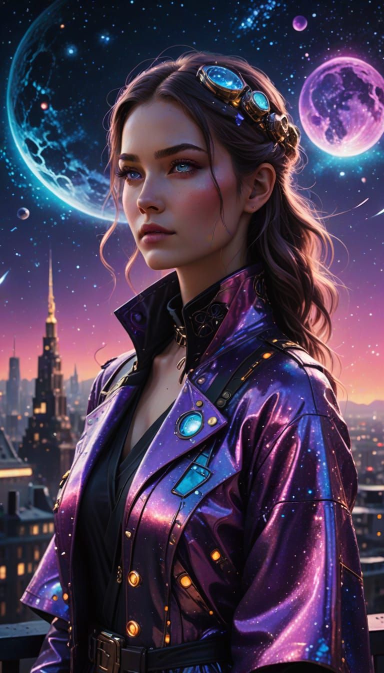 Joyful Woman in Futuristic Haori, Sci-Fi Cityscape